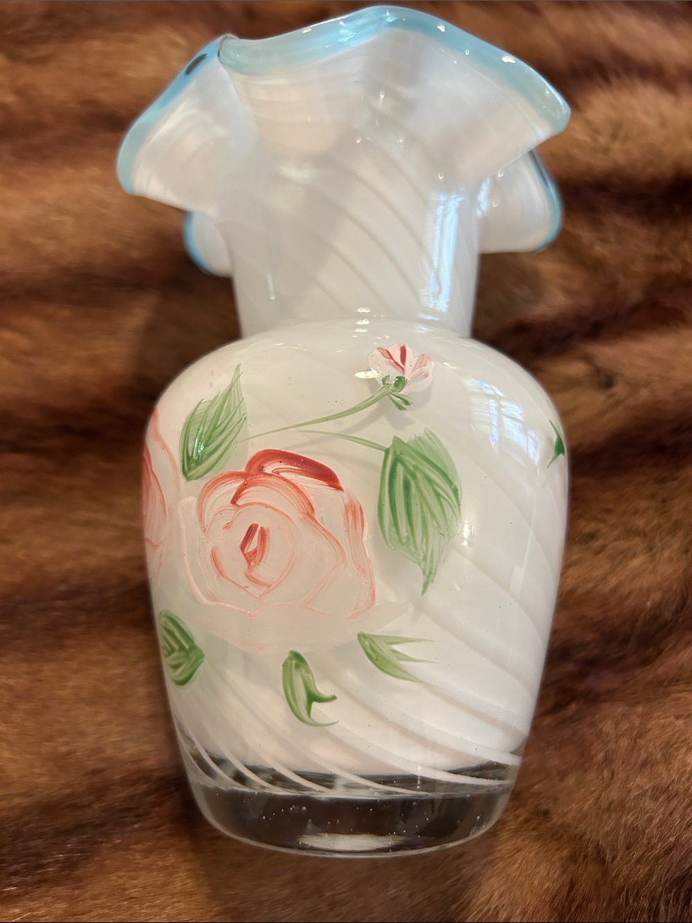 Fenton White Optic Glass Vase with Pink Roses and Aqua Blue Rim
